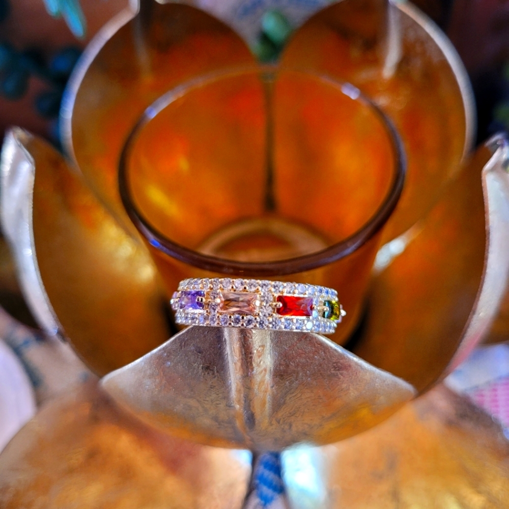 Gold plated multi color stone ring size 9 - Picture 1 of 4